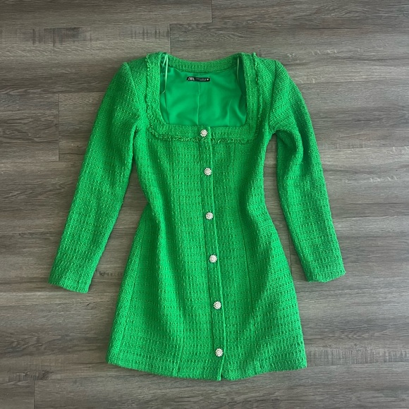 Green Zara Tweed Embellished Long Sleeve Mini Dress - Picture 1 of 5